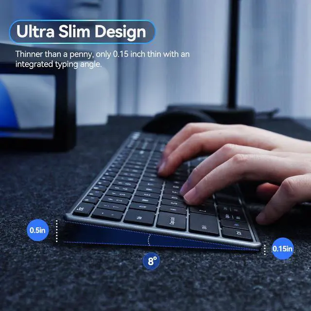 Alt view image 3 of 7 - AUSDOM Wireless Bluetooth Keyboard Full Size, Quiet Slim Multi-Device Rechargeable Cordless QWERTY Keyboard with Number Pad, Low Profile Silent Flat Universal Keyboard for Computer/Mac/Windows