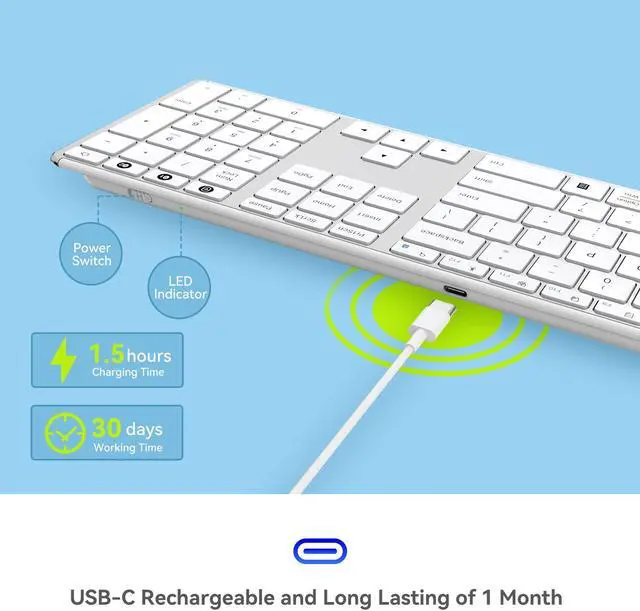 Alt view image 3 of 7 - AUSDOM Wireless Bluetooth Keyboard Full Size, Quiet Slim Multi-Device Rechargeable Cordless QWERTY Keyboard with Number Pad, Low Profile Silent Flat Universal Keyboard for Computer/Mac/Windows