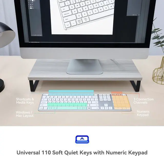 Alt view image 5 of 7 - AUSDOM Wireless Bluetooth Keyboard Full Size, Quiet Slim Multi-Device Rechargeable Cordless QWERTY Keyboard with Number Pad, Low Profile Silent Flat Universal Keyboard for Computer/Mac/Windows