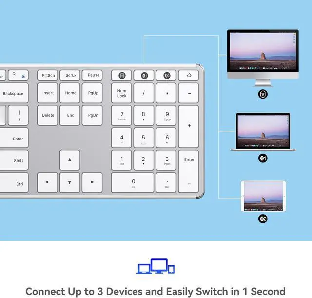 Alt view image 2 of 7 - AUSDOM Wireless Bluetooth Keyboard Full Size, Quiet Slim Multi-Device Rechargeable Cordless QWERTY Keyboard with Number Pad, Low Profile Silent Flat Universal Keyboard for Computer/Mac/Windows