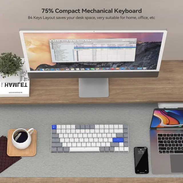 Alt view image 3 of 7 - AUSDOM Wireless Bluetooth 75% Mechanical Keyboard: Compact Multi-Device Rechargeable Backlit Gaming Keyboard with 84-Key Layout, Low Profile Brown Switches for Windows/Mac/PC/Laptop