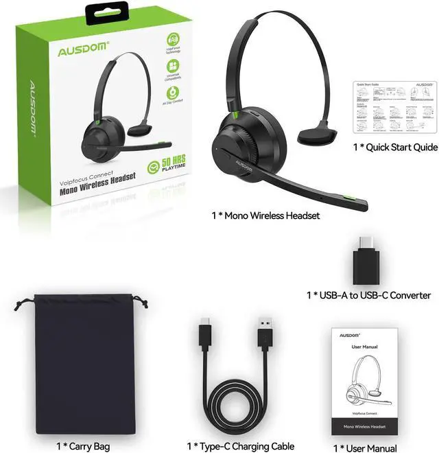 Alt view image 7 of 7 - AUSDOM Trucker Bluetooth Headset with Microphone: A2301 Wireless 5.2 On-Ear Headset with AI Noise Cancelling Mic & Mute Button, 50H Playtime for Work from Home Office Call Center Cellphones Laptop