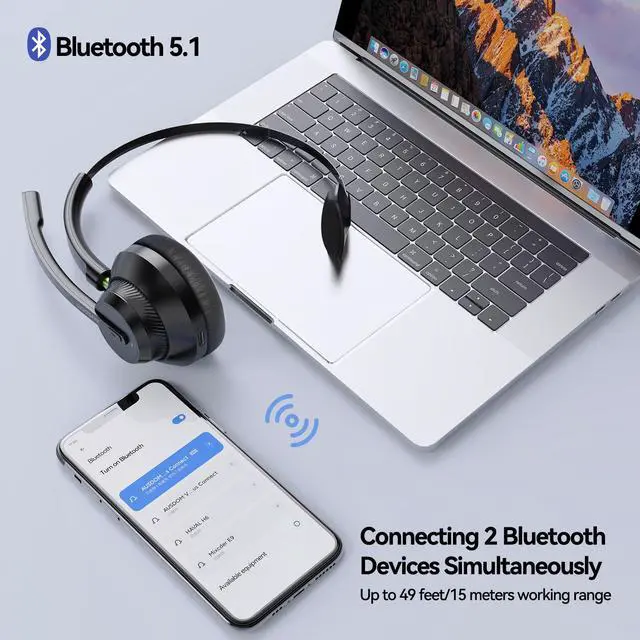 Alt view image 4 of 7 - AUSDOM Trucker Bluetooth Headset with Microphone: A2301 Wireless 5.2 On-Ear Headset with AI Noise Cancelling Mic & Mute Button, 50H Playtime for Work from Home Office Call Center Cellphones Laptop