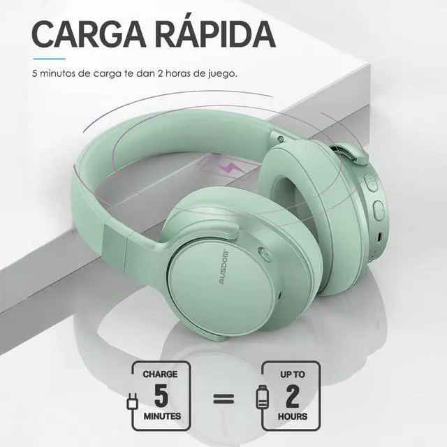 Alt view image 6 of 7 - AUSDOM E7 Bluetooth Noise Cancelling Headphones: Wireless Over Ear ANC Headphones with Microphone, 50H Playtime, Hi-Fi Stereo Sound, Deep Bass, Comfort Earpads for Travel Work Home Office Green