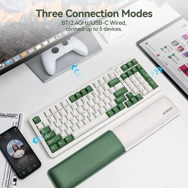 Alt view image 2 of 7 - AUSDOM 98Pro Silent Mechanical Keyboard,Wireless Hot Swappable Silent Keyboard with Backlit,Gasket Structure,Pre-lubed Tactile Switches,2.4GHz/Type-C/Bluetooth Custom Keyboard(Green & White-Silent)