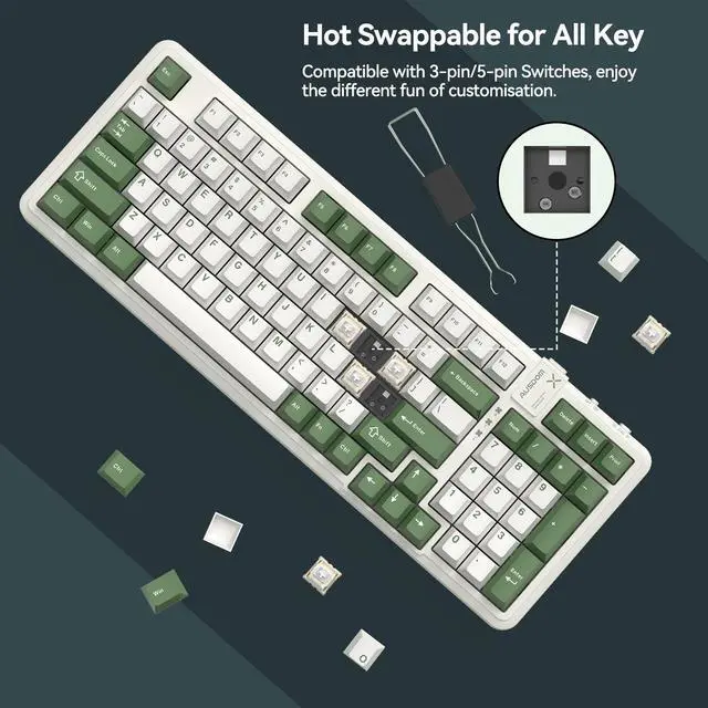 Alt view image 4 of 6 - AUSDOM 98Pro Wireless Mechanical Keyboard, Tri-Mode 2.4GHz/Type-C/Bluetooth Keyboard,Hot Swappable Gaming Keyboard with Gasket Structure,Pre-lubed Linear Switches,Backlit Custom Keyboard(Green &White)