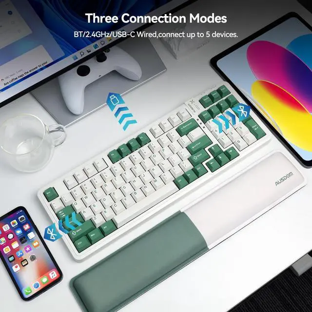 Alt view image 2 of 6 - AUSDOM 98Pro Wireless Mechanical Keyboard, Tri-Mode 2.4GHz/Type-C/Bluetooth Keyboard,Hot Swappable Gaming Keyboard with Gasket Structure,Pre-lubed Linear Switches,Backlit Custom Keyboard(Green &White)