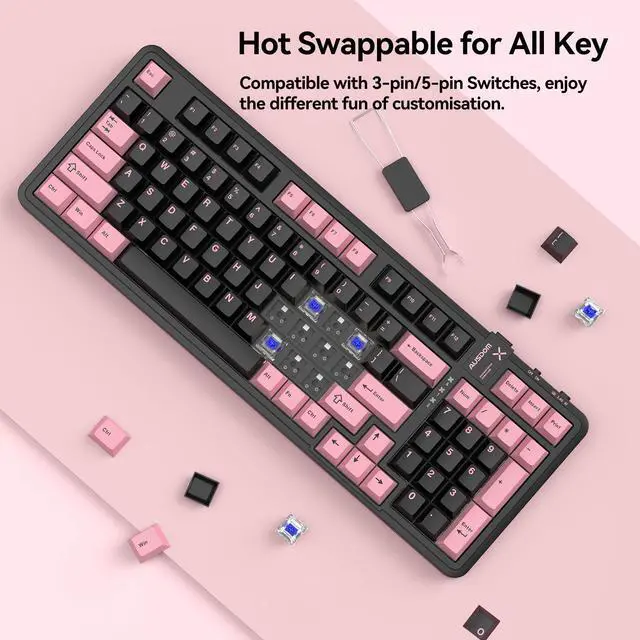 Alt view image 3 of 7 - AUSDOM 98Pro Silent Wireless Mechanical Keyboard,Tri-Mode Bluetooth/2.4GHz/Type-C Hot Swappable Custom Keyboard with Backlit,Gasket Structure,Pre-lubed Tactile Switches(Black & Pink-slient)