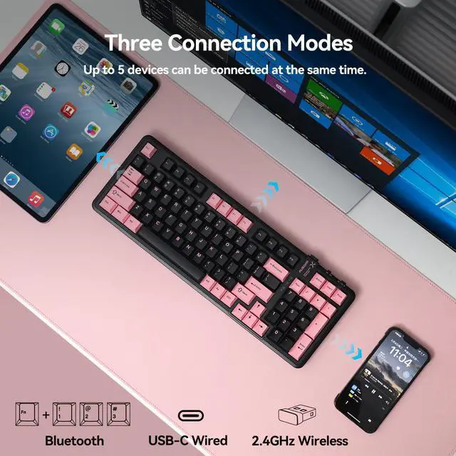 Alt view image 2 of 7 - AUSDOM 98Pro Silent Wireless Mechanical Keyboard,Tri-Mode Bluetooth/2.4GHz/Type-C Hot Swappable Custom Keyboard with Backlit,Gasket Structure,Pre-lubed Tactile Switches(Black & Pink-slient)