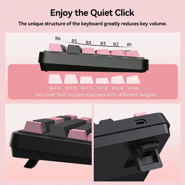Alt view image 7 of 7 - AUSDOM 98Pro Silent Wireless Mechanical Keyboard,Tri-Mode Bluetooth/2.4GHz/Type-C Hot Swappable Custom Keyboard with Backlit,Gasket Structure,Pre-lubed Tactile Switches(Black & Pink-slient)