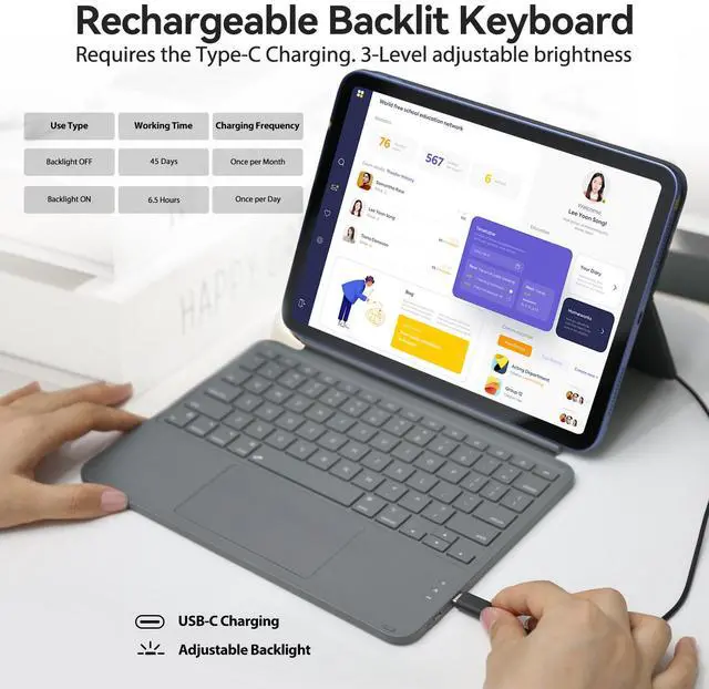 Alt view image 4 of 7 - AUSDOM Touch iPad 10th Generation Case with Keyboard (10.9", 2022) & iPad 11th (A16, 2025):Magnetic Split Stand Case, Multi-Touch Trackpad, Rechargeable Wireless Keyboard Folio with Backlit Keys, Gray