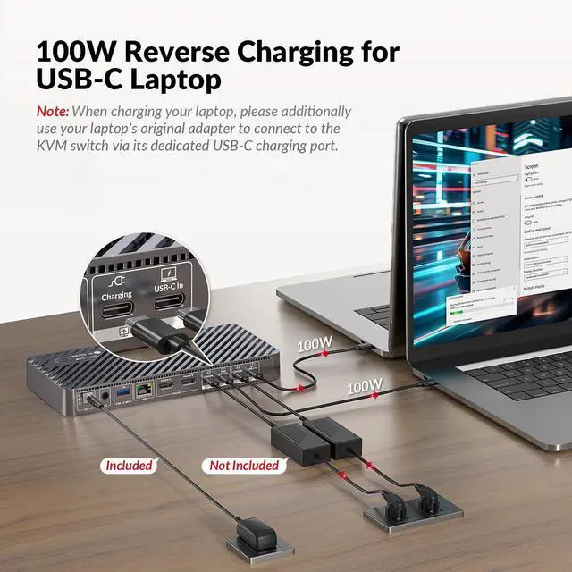 Alt view image 5 of 7 - AV Access Docking Station KVM Switch 2 Monitors 2 Laptops, 4K KVM Switch Dual Monitor, 100W PD for Each PC, 1G Ethernet, EDID Emulation, Ideal for Home Office & Gaming(KD-E20)