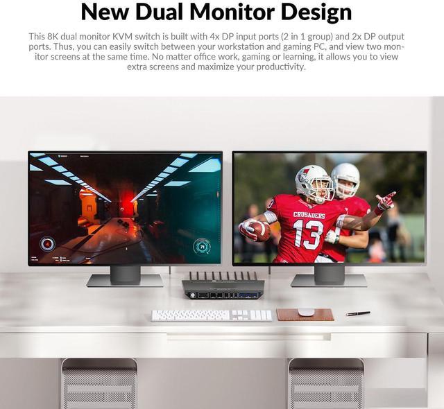 Alt view image 5 of 7 - AV Access KVM Switch 2 Computers 2 Monitors DisplayPort 8K@60Hz 4K@165hz/144hz, DP KVM Switch Dual Monitors with USB 3.0 Ports, Audio Out, IR Remote, Hotkey Switch, with 6 DP Cables