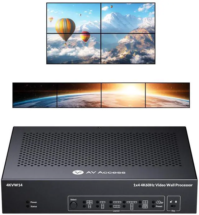 Main image of 4K HDMI Video Wall Controller 2x2 1x2 2x1 1x3 3x1 1x4 4x1 TV Wall Controller for 4 TV Splicing Display Support 5400x1920, 4096x2160 Inputs and Rotate 60&90 Degree for Portrait Mode Screens