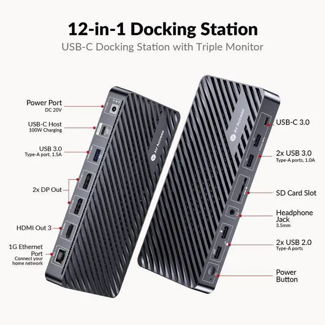 Alt view image 2 of 7 - Docking Station Triple Monitor, 4K@60Hz (2 DP + 1 HDMI), 100W Laptop Charging, 10Gbps USB-C/A, Ethernet, Audio, SD, Plug & Play USB-C Dock for MacBook/Chrome/Dell/HP/Lenovo
