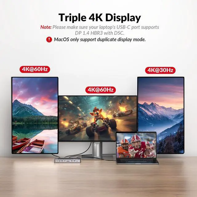 Alt view image 5 of 7 - Docking Station Triple Monitor, 4K@60Hz (2 DP + 1 HDMI), 100W Laptop Charging, 10Gbps USB-C/A, Ethernet, Audio, SD, Plug & Play USB-C Dock for MacBook/Chrome/Dell/HP/Lenovo