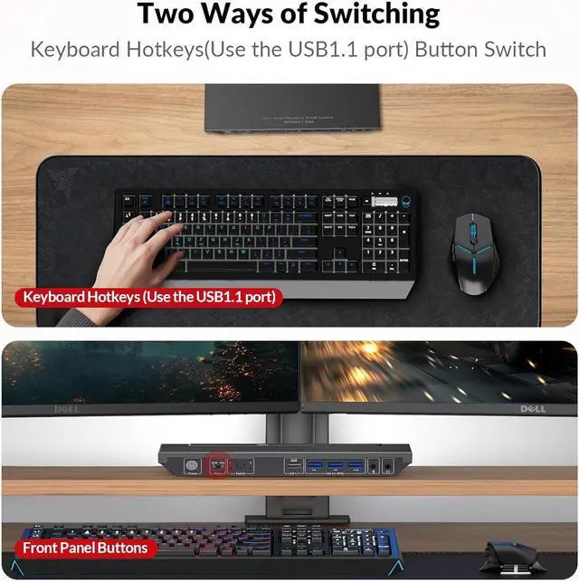 Alt view image 4 of 7 - v AV Access KVM Switch Dual Monitor 4K@60Hz, 2K@144Hz, 1080P@240Hz, USB 3.0 KVM Switch 2 Monitors 2 Computers, Ultrawide Screen PC Keyboard Mouse Switcher, Hotkey Switch