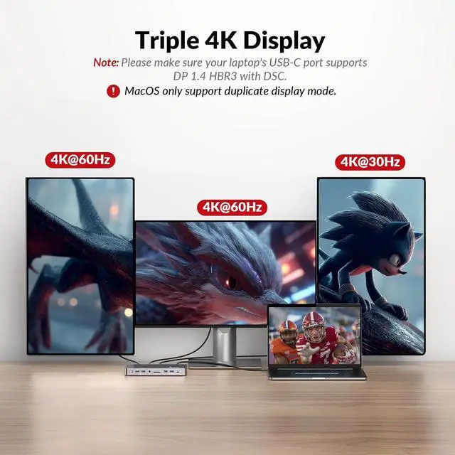 Alt view image 4 of 7 - Docking Station 3 Monitors, 13-in-1 Laptop Docking Station with 120W Power Adapter, 4K HDMI and 2 x DP, 100W PD, 10Gbps USB-C/A, Ethernet, Audio, SD, USB-C Dock for MacBook/Chrome/Dell/HP/Lenovo