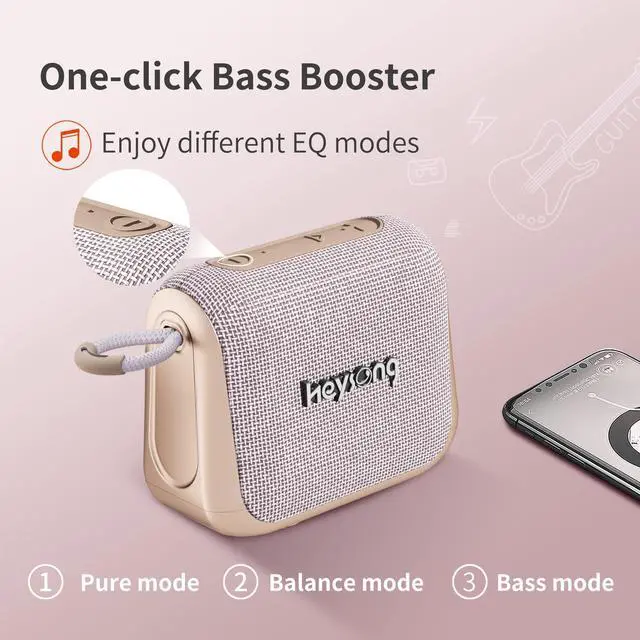 Alt view image 6 of 7 - Heysong Speaker Bluetooth, Shower Speaker Bluetooth Waterproof with Integrated Loop for Portable bluetooth Wireless Speakers, IPX7, 24-Hour Playtime, Enhanced Bass, Bedroom Decor, Custom EQ, Home-Pink