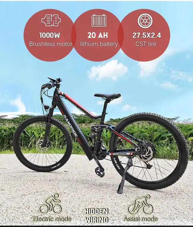 Alt view image 4 of 7 - RANDRIDE 20AH Electric Mountain Bike, 1000W Ebike Electric Bike, Full Suspension Emtb Electric Bicycle with Shimano 27 Speed, Shimano Hydraulic Brakes, 27.5" * 2.4" CST Tire
