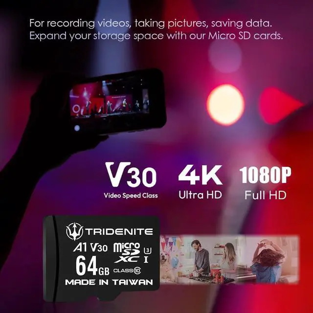 Alt view image 2 of 7 - TRIDENITE 64GB Micro SD Card, MicroSDXC Memory for Nintendo-Switch, GoPro, Drone, Smartphone, Tablet, 4K Ultra HD, A1 UHS-I U3 V30 C10, Up to 95MB/s Read, with SD Adapter