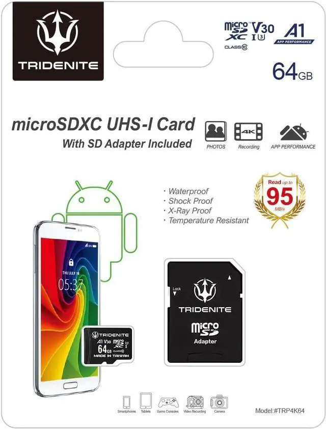 Alt view image 7 of 7 - TRIDENITE 64GB Micro SD Card, MicroSDXC Memory for Nintendo-Switch, GoPro, Drone, Smartphone, Tablet, 4K Ultra HD, A1 UHS-I U3 V30 C10, Up to 95MB/s Read, with SD Adapter