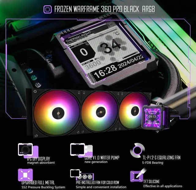 Alt view image 3 of 7 - Thermalright FW360 PRO Black ARGB AIO CPU Liquid Cooler for Desktop - 2000RPM PWM Fans, with 2.73" LCD Display Screen, for AM4/AM5 & Intel LGA1150/1151/1200/2011/1700/1851