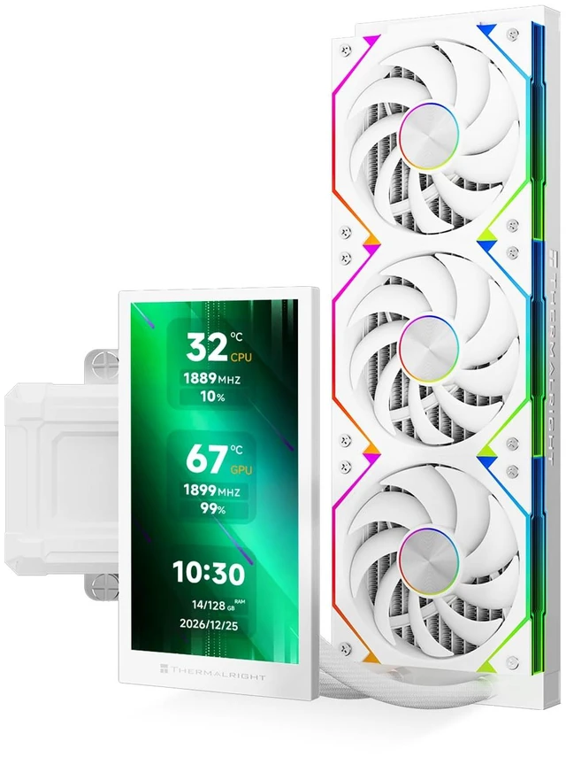 Main image of Thermalright Dynamic Vision 360 ARGB AIO Cooler, 5" LCD, White | 5-Inch Adjustable LCD | TRCC Custom Display | 360mm Radiator | 2400RPM PWM Fans | Pre-Installed TL-U12Q Fans | LGA1851 / AM5