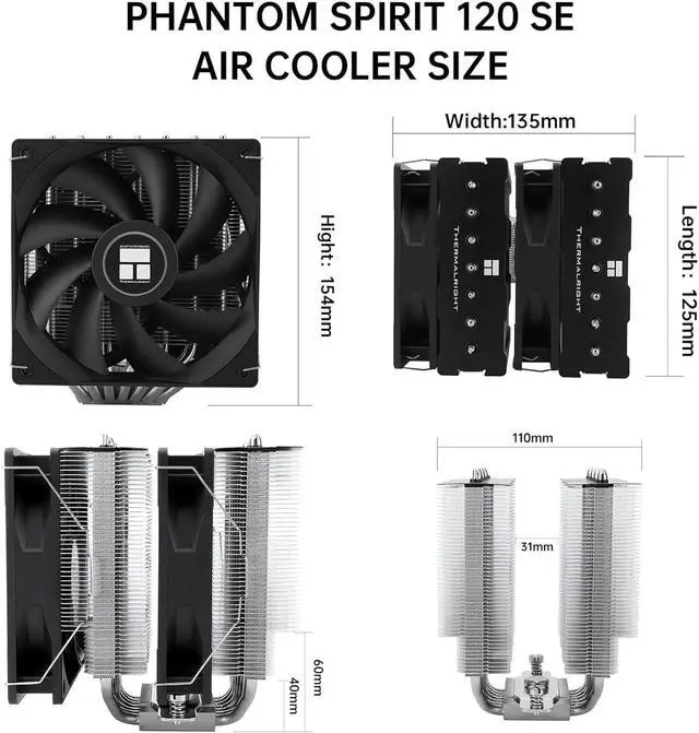 Alt view image 5 of 6 - Thermalright Phantom Spirit 120 SE CPU Air Cooler, 7 Heat Pipes Aluminium Heatsink Cover, for Intel 1700/115X/1200, AMD AM4/AM5