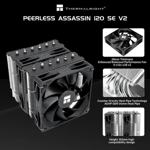 Alt view image 3 of 7 - Thermalright Peerless Assassin 120 SE V2 CPU Air Cooler - 6 Heat Pipes AGHP GEN 5.0 Technology | 1850RPM PWM 120mm Fans, for Intel 1851/1700/115X/1200, AMD AM4/AM5