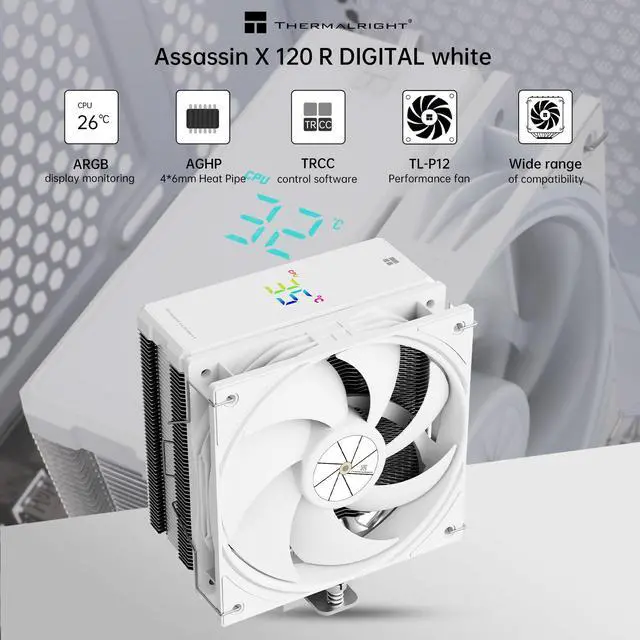 Alt view image 3 of 7 - Thermalright Assassin X 120 R Digital CPU Air Cooler - Temperature Display | 4 Heat Pipes, for Intel LGA 1150/1151/1155/1156/1200/1700 AMD AM4/AM5 White