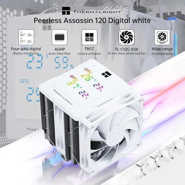 Alt view image 2 of 7 - Thermalright Peerless Assassin 120 Digital CPU Air Cooler -Temperature Display | 6 Heat Pipes | 1850RPM PWM 120mm Fans, for Intel 1851/1700, AMD AM4/AM5 White