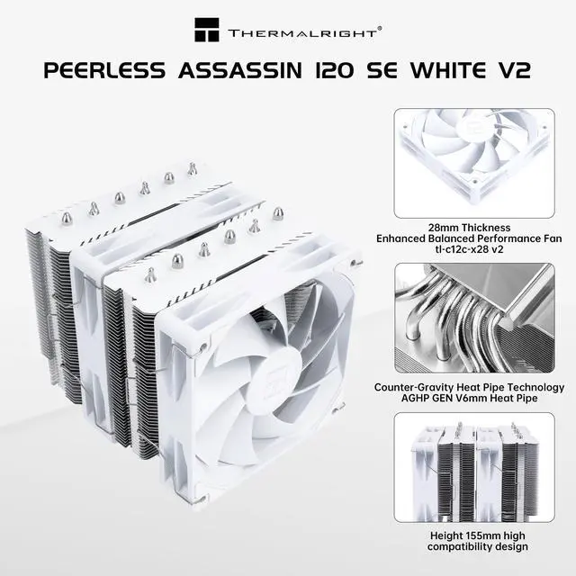 Alt view image 2 of 7 - Thermalright Peerless Assassin 120 SE V2 CPU Air Cooler - 6 Heat Pipes AGHP GEN 5.0 Technology | 1850RPM PWM 120mm Fans, for Intel 1851/1700/115X/1200, AMD AM4/AM5 White
