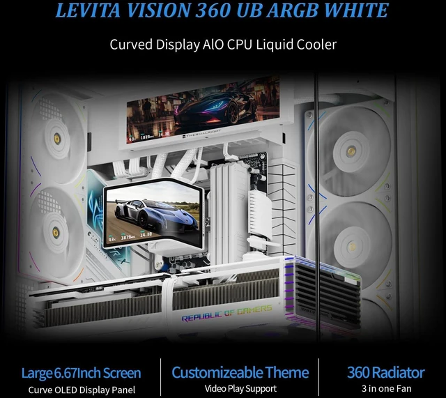 Alt view image 2 of 7 - Thermalright Levita Vision 360 UB ARGB White 360mm AIO CPU Liquid Cooler, 6.67" 2400x1080 LCD, 2150RPM PWM ARGB Fans, for Intel and AMD