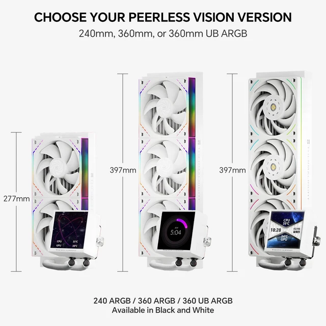 Alt view image 6 of 6 - Thermalright Peerless Vision 360 UB ARGB White 360mm AIO CPU Liquid Cooler, 3.95" 480x480 LCD, 2150RPM PWM ARGB Fans, for Intel and AMD