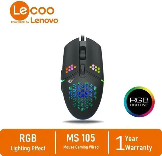 Alt view image 2 of 7 - Lenovo (Lecoo) MS105, USB Wired Gaming Mouse, RGB, 3200 MAX DPI, 6 keys, 3 million clicks key lifespan, Braided cable, Optical tracking, Lightweight