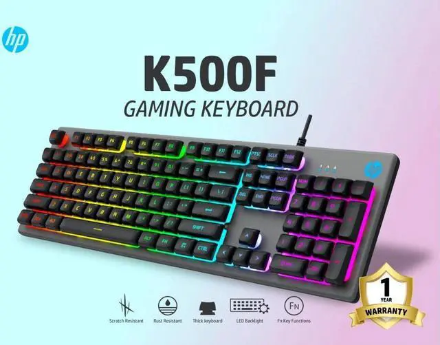 Alt view image 11 of 11 - HP K500F Backlit Membrane Wired Gaming Keyboard, Backlit Mixed Color Lighting, Metal Panel with Logo Lighting, 26 Anti-Ghosting Keys, and Windows Lock Key(7ZZ97AA)