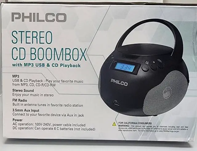 Alt view image 3 of 7 - Philco PJB1007-BK, FM Radio Stereo CD Boombox MP3 USB, 3.5mm Aux Input, Built-In Antenna