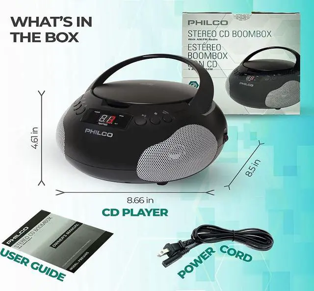 Alt view image 2 of 7 - Philco PJB1007-BK, FM Radio Stereo CD Boombox MP3 USB, 3.5mm Aux Input, Built-In Antenna