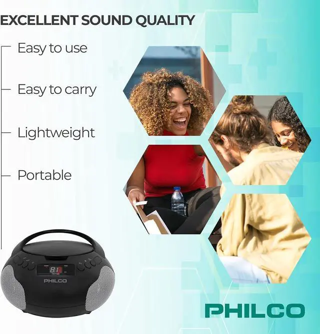 Alt view image 5 of 7 - Philco PJB1007-BK, FM Radio Stereo CD Boombox MP3 USB, 3.5mm Aux Input, Built-In Antenna