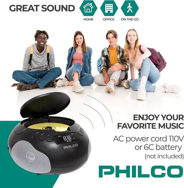 Alt view image 4 of 7 - Philco PJB1007-BK, FM Radio Stereo CD Boombox MP3 USB, 3.5mm Aux Input, Built-In Antenna