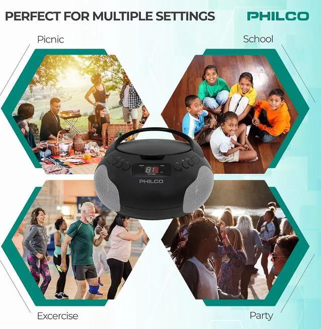Alt view image 6 of 7 - Philco PJB1007-BK, FM Radio Stereo CD Boombox MP3 USB, 3.5mm Aux Input, Built-In Antenna