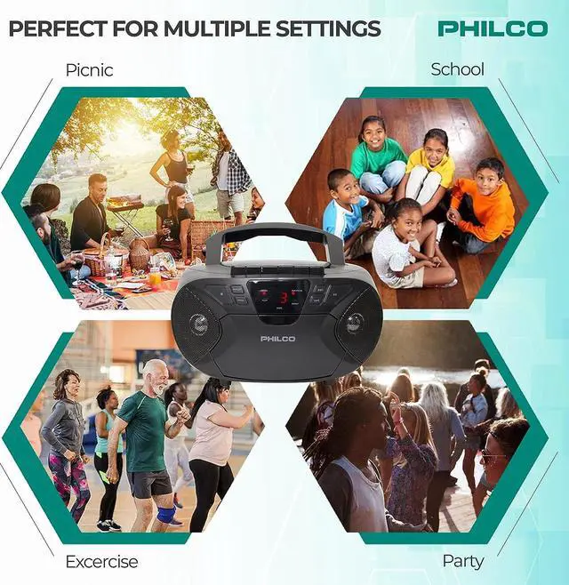 Alt view image 5 of 7 - Philco PJC2050BT-BK, FM Radio, Bluetooth, Wireless streaming, CD/Cassette player, Headphone Jack, Aux Input