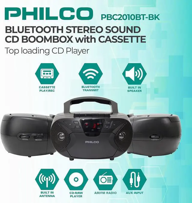 Alt view image 7 of 7 - Philco PJC2050BT-BK, FM Radio, Bluetooth, Wireless streaming, CD/Cassette player, Headphone Jack, Aux Input
