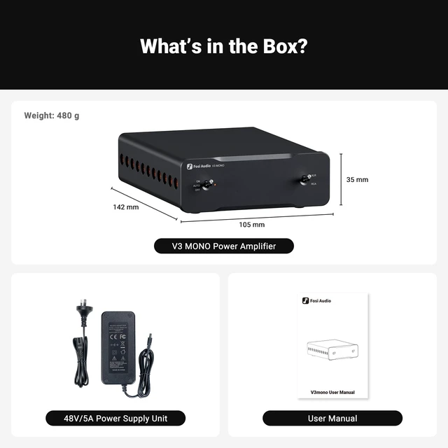 Alt view image 7 of 7 - V3 Mono Power Amplifier for Home Audio Speakers, Mini Monoblock Class D Amp with TPA3255, 240W for HiFi Home Theater AVR Receiver Component, RCA/XLR Balanced Inputs 48V/5A Power