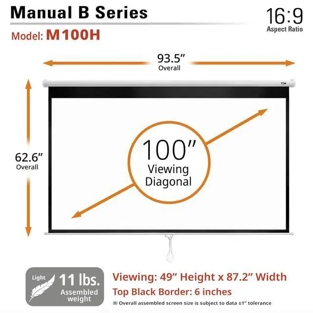 Alt view image 7 of 7 - Manual B, 100-INCH Manual Pull Down Projector Screen Diagonal 16:9 Diag 4K 8K 3D Ultra HDR HD Ready Home Theater Movie Office Presentation, M100H