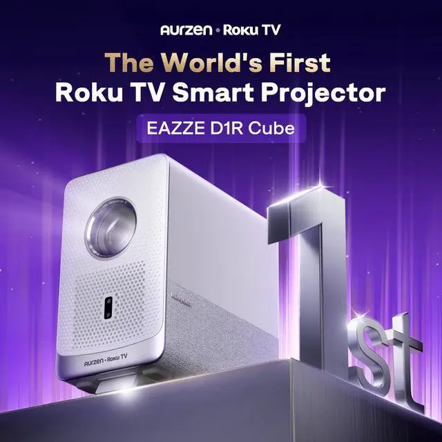 Alt view image 2 of 7 - Aurzen Roku TV Smart Projector with Wifi and Bluetooth, D1R Cube Roku Streaming Experience Built-in, Sealed Optical Engine, 1080P FHD, DoIby Audio, Portable Mini Projector for Home/Outdoor Movies