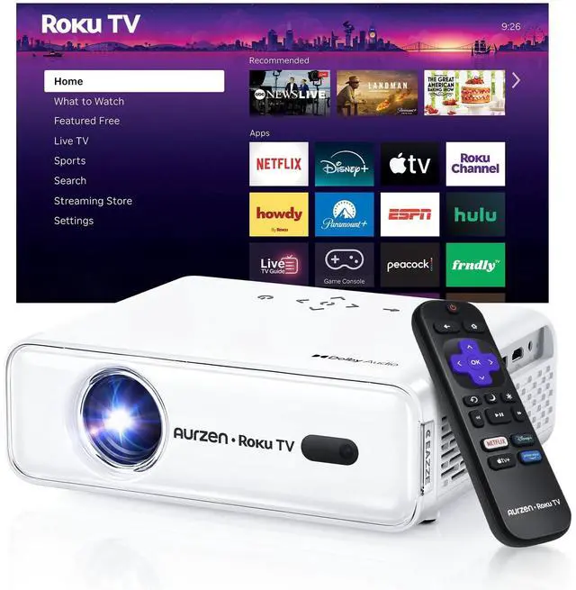 Main image of Aurzen Roku TV Smart Projector with Wifi and Bluetooth, Roku Streaming Experience Built-in, 1080P FHD, DoIby Audio, Auto Focus & Keystone, Zoom, Movie Portable Outdoor Mini Projector, White