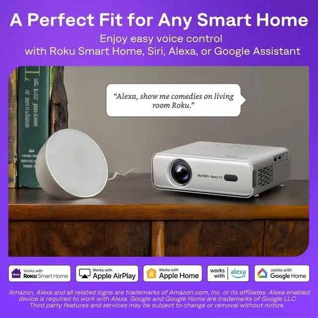 Alt view image 7 of 7 - Aurzen Roku TV Smart Projector with Wifi and Bluetooth, Roku Streaming Experience Built-in, 1080P FHD, DoIby Audio, Auto Focus & Keystone, Zoom, Movie Portable Outdoor Mini Projector, White