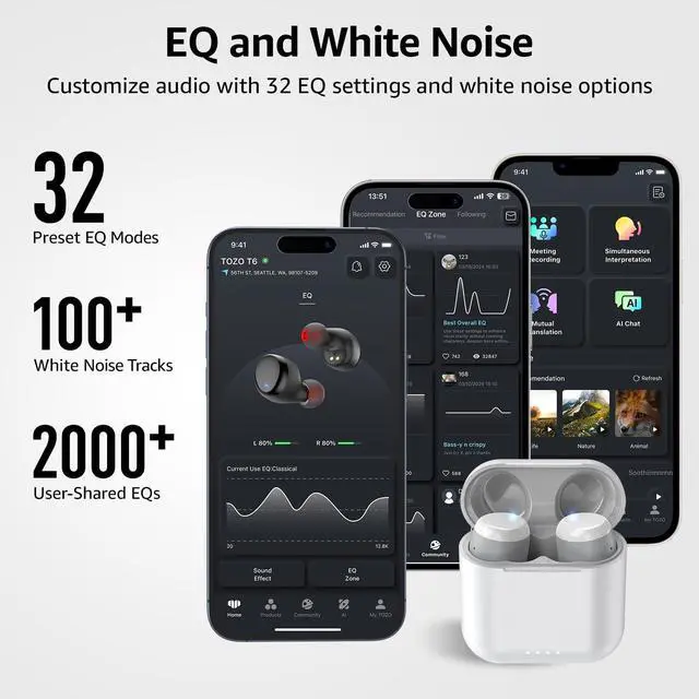 Alt view image 13 of 14 - TOZO T6 True Wireless Earbuds Bluetooth Headphones Touch Control with Wireless Charging Case IPX8 Waterproof Stereo Earphones in-Ear Built-in Mic Headset, Premium Deep Bass for Sport, Black
